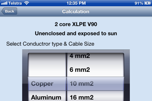 Beta version Cable select screen iPhone (partial) Final calculation page
