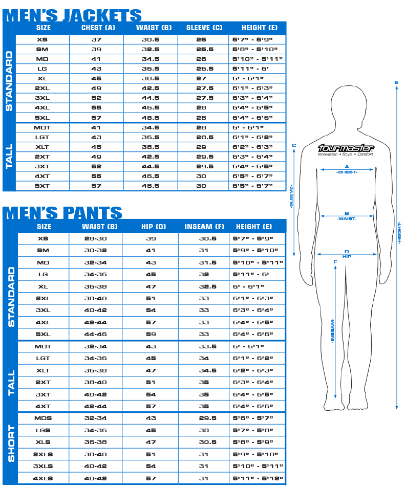TOURMASTER Motorcycle Apparel & Gear - Sizing Charts