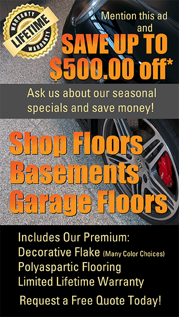 Save $100  on an epoxy floor installation includes flake, quartz and reflector flooring