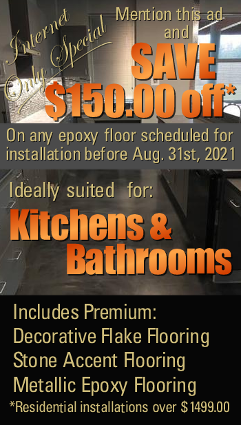 Save $100 off any epoxy floor installation includes flake, quartz and reflector flooring