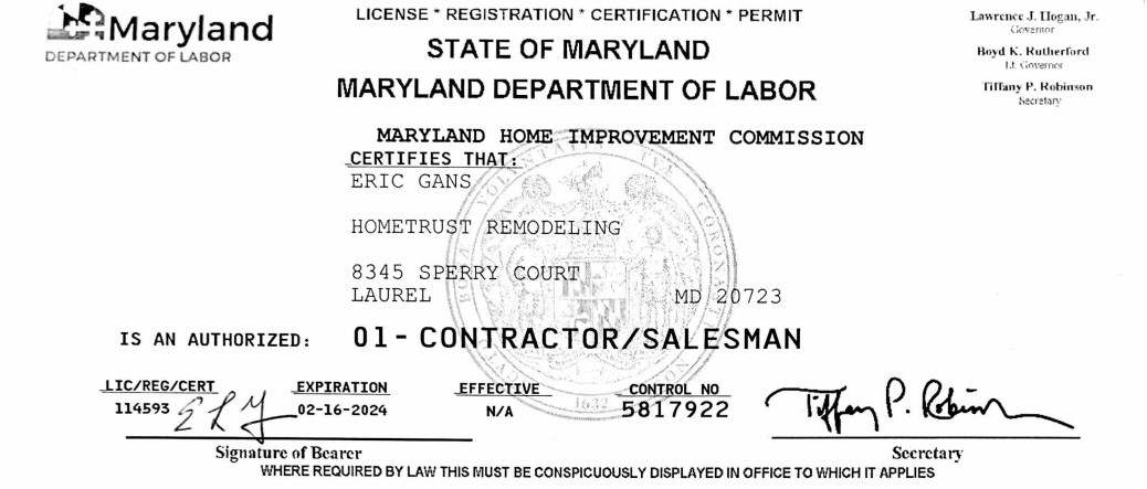 Hometrust Remodeling Maryland Home Improvement License 114593
