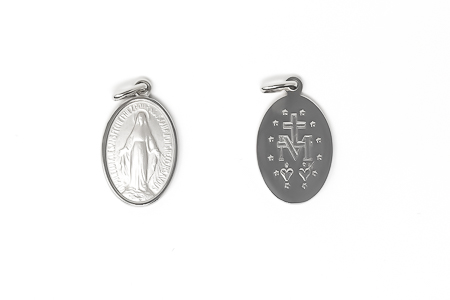 Silver Miraculous Medal with Stars and Heart.