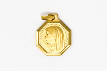 Hexagonal Gold Virgin Mary Medal.