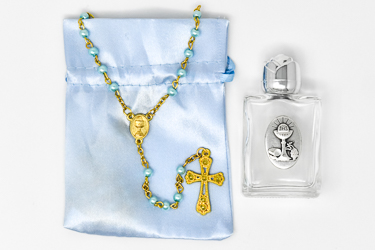 Chalice Rosary in a Blue Satin Bag.