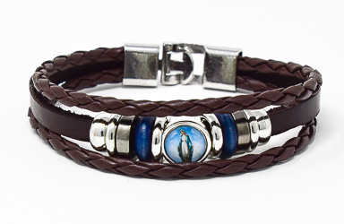 Brown Leather Our Lady of Grace Bracelet.