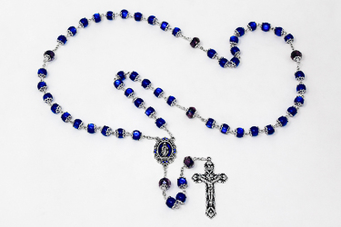 Blue Capped Glass Our Lady of Grace Rosary.