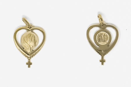Our Lady of Lourdes Gold Heart Cross Pendant.