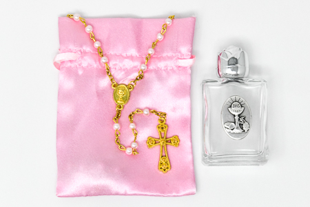 Chalice Rosary in a Pink Satin Bag.