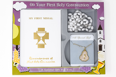 White Communion Book with Rosette & Rosary.